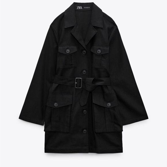 ZARA Belted Linen Jacket Dress Safari Black Matrix Trench Utility Size XS S - Picture 9 of 11
